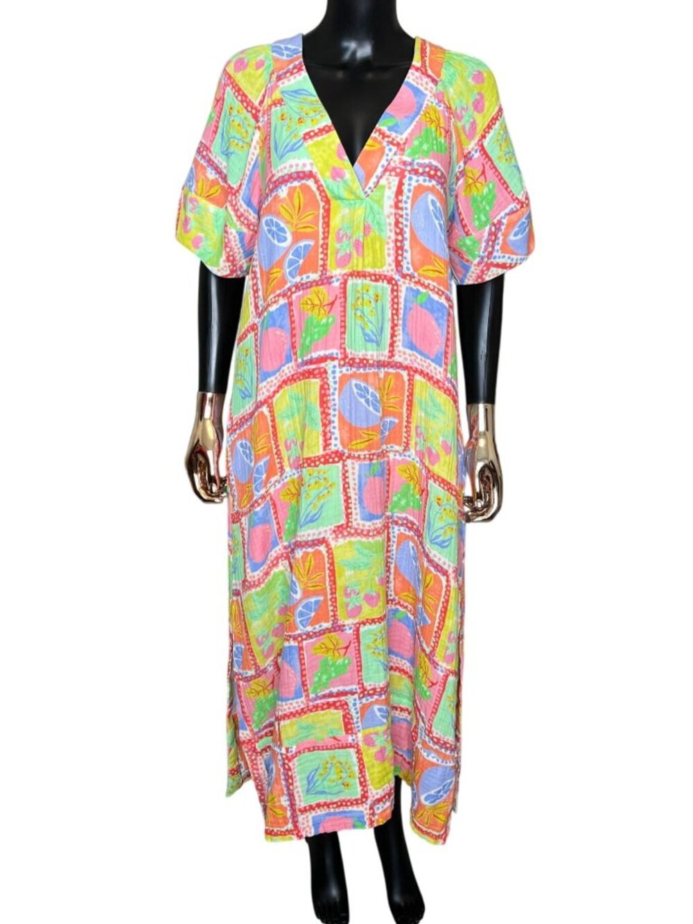 Karlie Fruit Print Gauze Maxi Dress Size Small Cotton Lined Pockets Boho - Picture 2 of 9